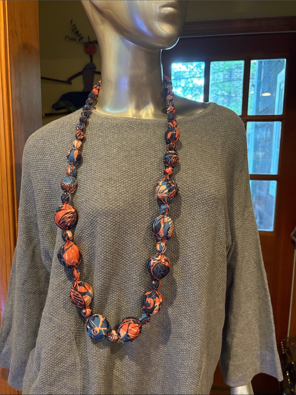 Handmade boutique Navy & Orange Fabric Bead Necklace - Women's Jewelry